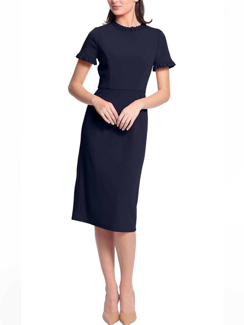 Maggy London Navy Ruffle-Trim Midi Dress New Lined pockets